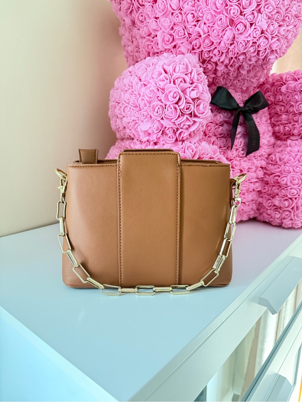 Tan Women's Crossbody Bag with Gold Chain